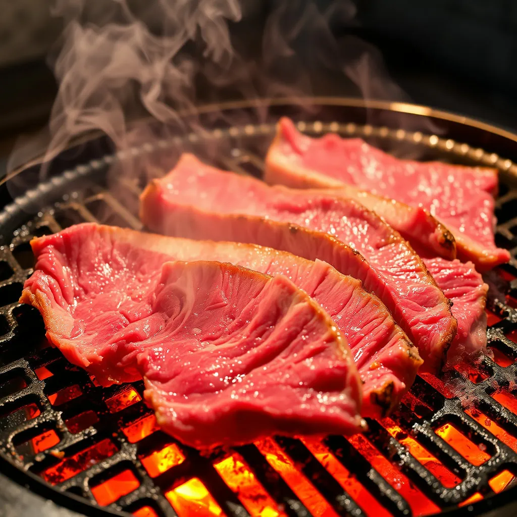 달궈진 불판 위에 두툼한 한우 등심이나 갈비살이 올려져 지글거리는 소리가 들리는 듯한 역동적인 모습입니다. 고기에서 올라오는 연기와 함께 육즙이 스며드는 모습이 식욕을 자극하도록 표현합니다.