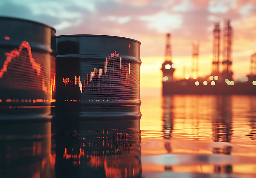 유가 상승 그래프와 석유 배럴이 함께 있는 이미지
