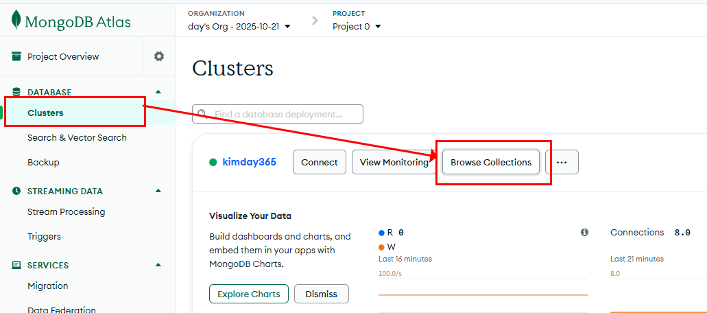 접속한 뒤 Clusters 페이지 내의 "Browse Collections" 클릭