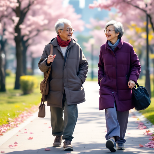 백발의-남성과-여성이-벚꽃길을-걷고-있음