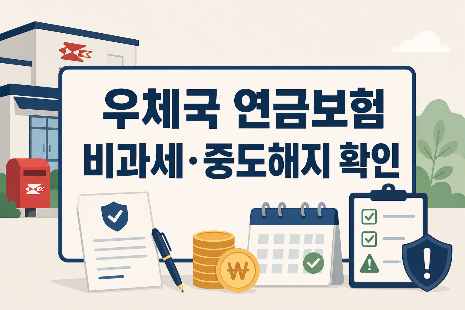 우체국 연금보험 가입 전 비과세 조건과 중도해지 위험을 함께 점검해야 하는 글의 핵심 범위를 안내하는 썸네일 이미지