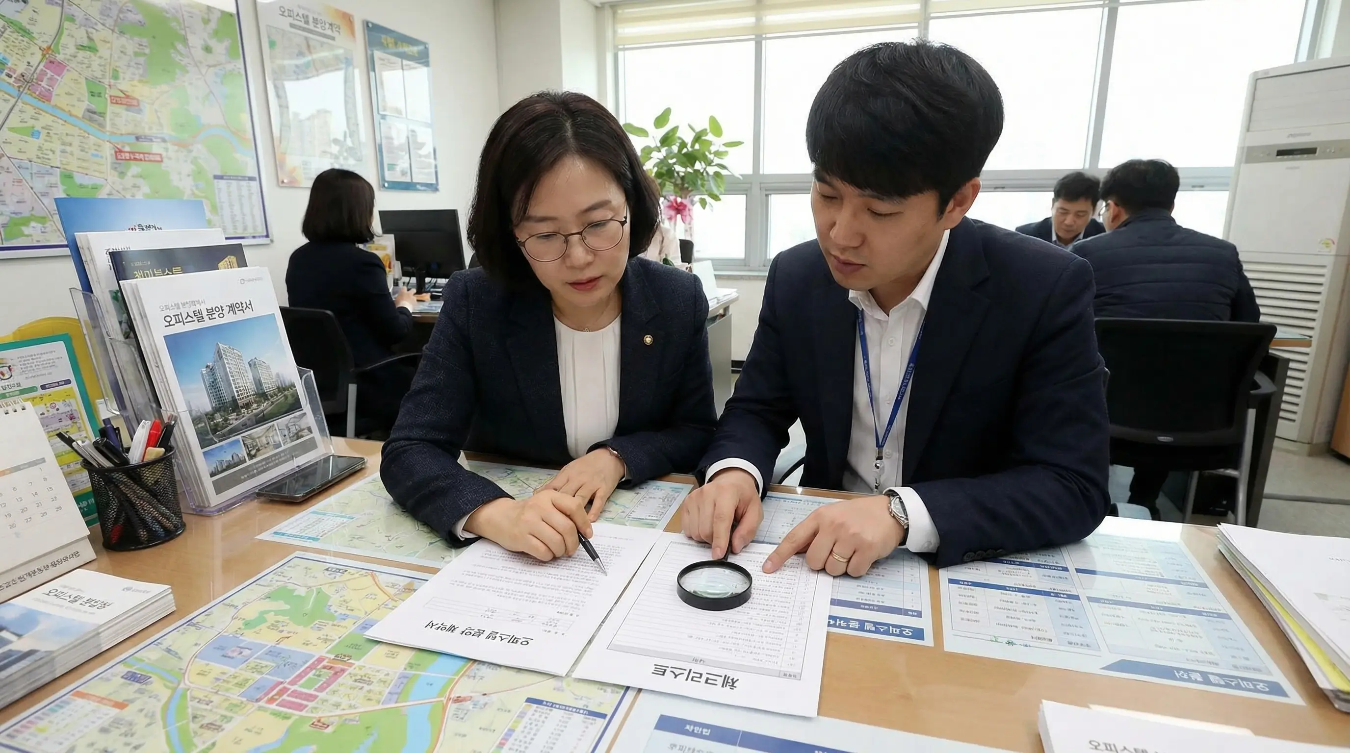 한국인 40대 여성이 부동산 중개사무소에서 오피스텔 분양 계약서와 체크리스트를 책상에 펼쳐놓고 중개사와 함께 꼼꼼히 검토하며 확인하는 신중한 장면