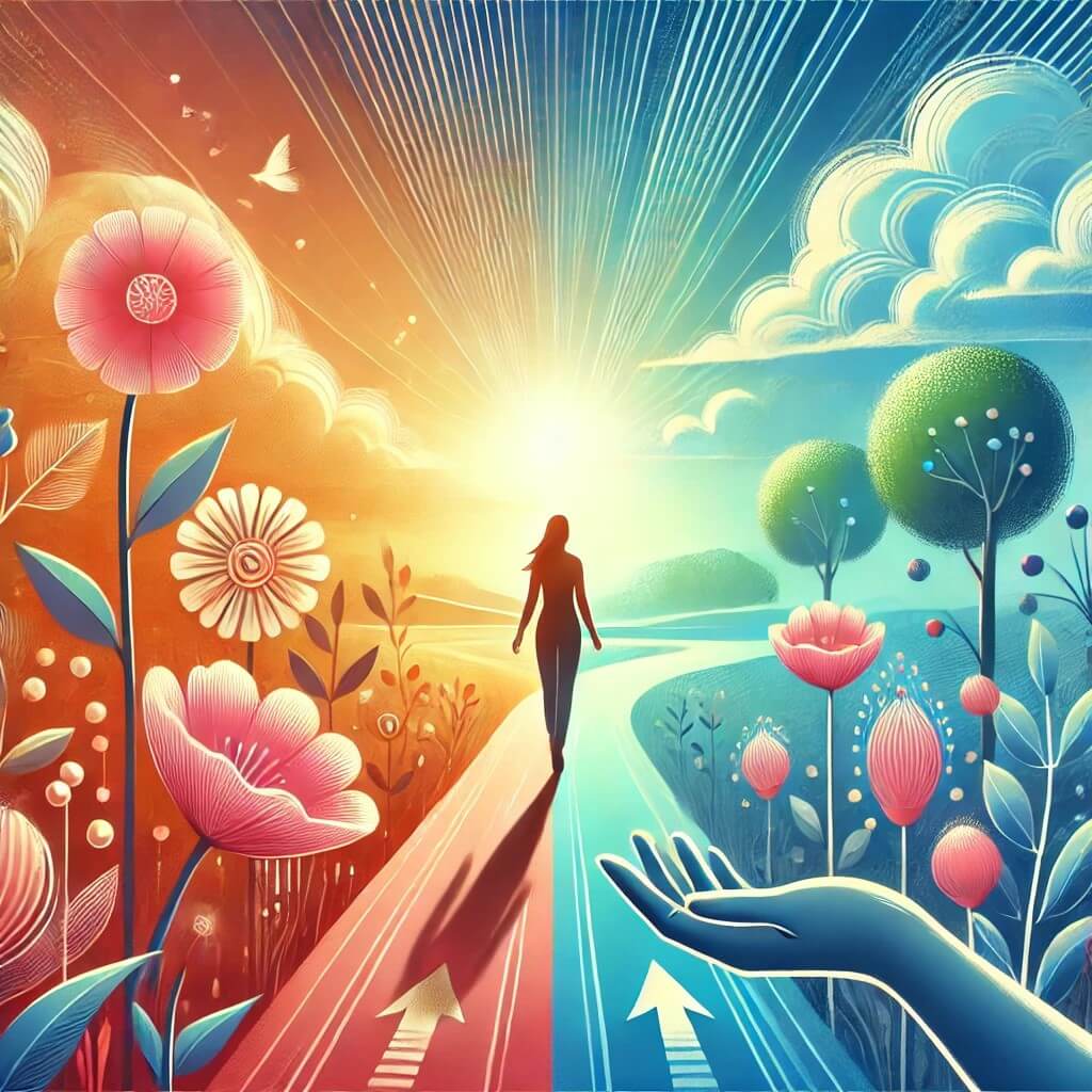 꽃이 만발한 활기찬 길을 따라 걷는 자신감 넘치는 개인을 묘사하며 긍정적인 마음과 긍정적인 결과를 상징하는 샐리의 법칙