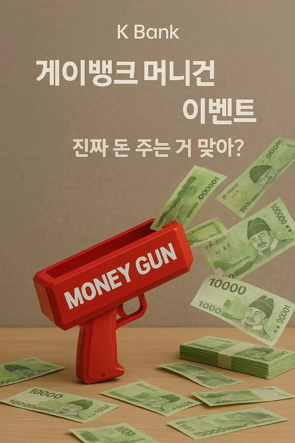 밝은 조명 아래 나무 테이블 위에 붉은색 머니건이 10,000원권 지폐를 뿌리는 장면. 배경에는 ‘K Bank’ 로고와 함께 ‘케이뱅크 머니건 이벤트, 진짜 돈 주는 거 맞아?’라는 문구가 적혀 있음