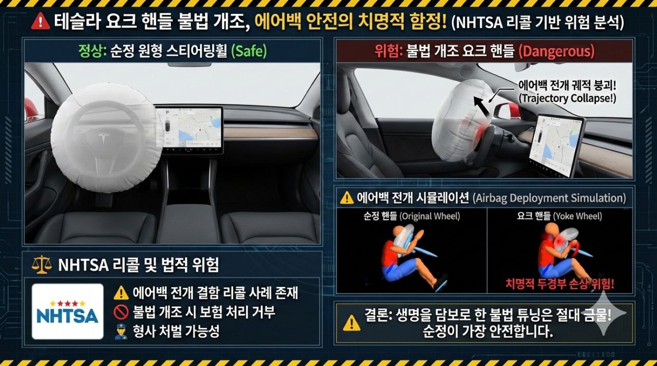 테슬라 모델 3 및 모델 Y의 순정 원형 스티어링 휠을 요크(Yoke) 핸들로 불법 개조할 경우 발생하는 에어백 전개 궤적 붕괴 현상 및 NHTSA 리콜 기반 안전 위험성 분석