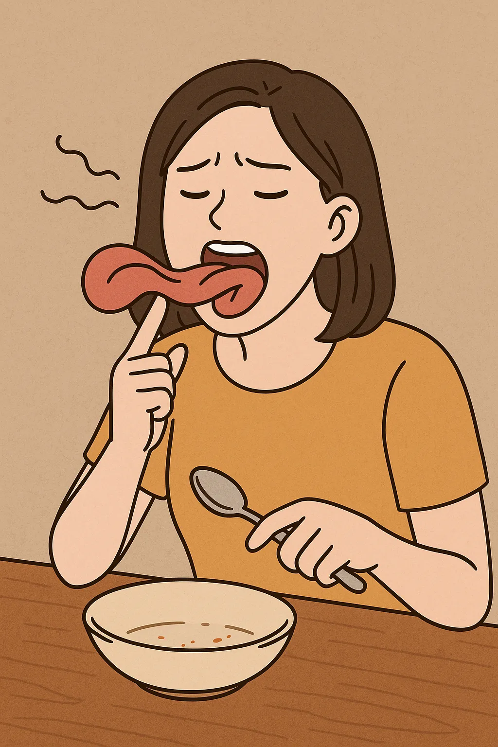 빈-그릇을-앞에-두고-혀를-만지며-입맛을-느끼는-여성의-일러스트