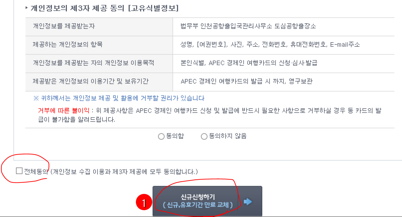 ABTC카드(APEC카드) 신청방법 및 절차 - 개인정보 수집 동의를 한 후 &#39;신규 신청하기&#39;를 선택