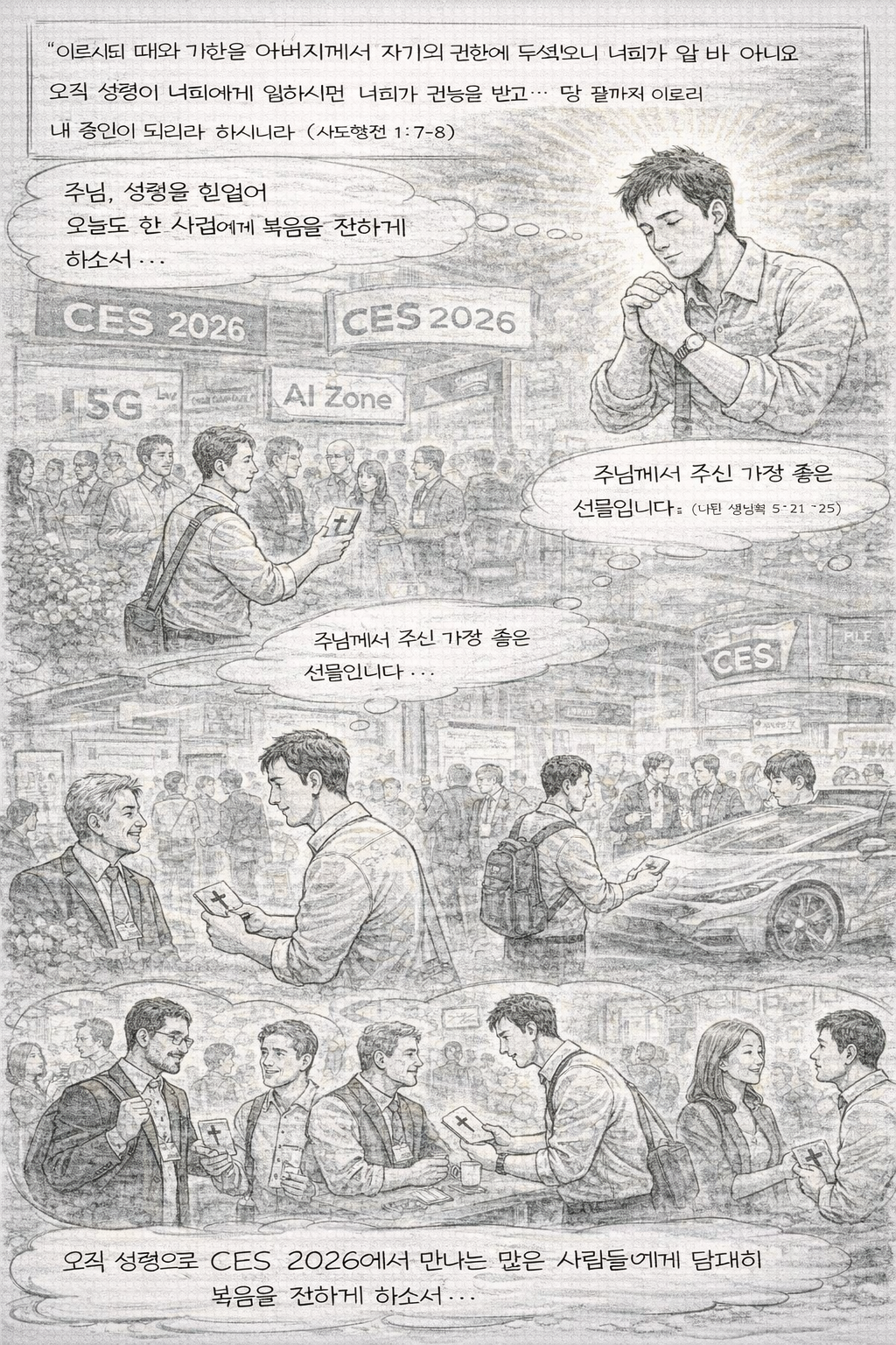 행 1:7-8 말씀을 따라 제가 성령을 받기 위해 힘쓰며&amp;#44; 성령을 따라 사람들에게 복음을 전하는 일을 하기 위해 최소한 한 명 이상에게 복음 전하고&amp;#44; 만나는 많은 사람들에게 복음 전하기 위한 시도를 하는 모습을 그려주세요. CES 2026에서 만나는 많은 사람들에게 복음 전하기 위한 시도를 하는 모습입니다.