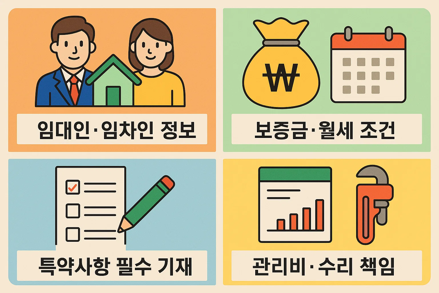 월세계약서 양식 무료 작성 시 꼭 포함해야 할 임대인·임차인 정보, 보증금·월세 조건, 특약사항, 관리비 및 수리 책임 항목을 시각적으로 정리한 인포그래픽