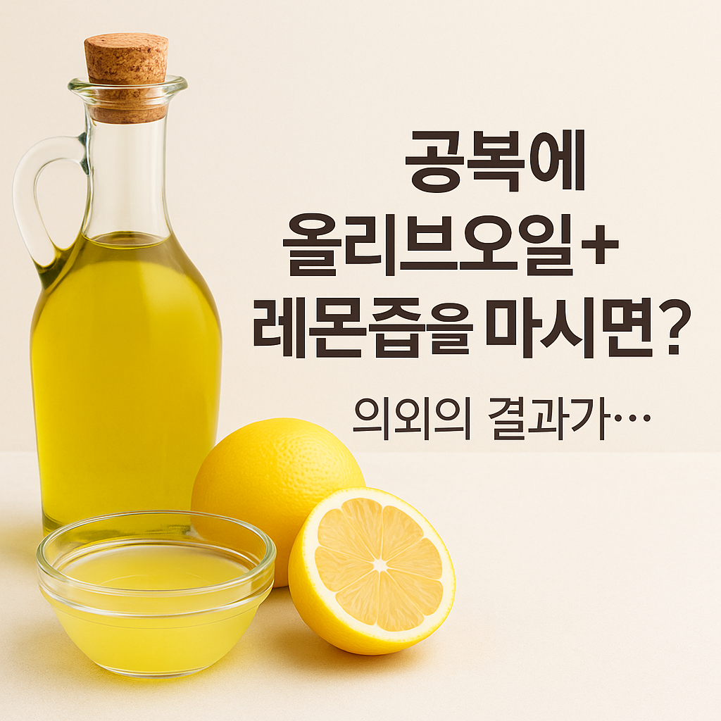“투명 유리병에 담긴 올리브오일, 반으로 자른 레몬과 작은 유리 그릇에 담긴 레몬즙이 테이블 위에 놓여 있으며, 오른쪽에는 ’공복에 올리브오일+레몬즙을 마시면? 의외의 결과가…’라는 한글 문구가 적혀 있는 이미지”