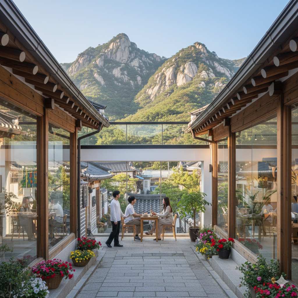 카페 내부에서 통유리창을 통해 인왕산의 기암괴석과 푸른 나무가 보이는 풍경