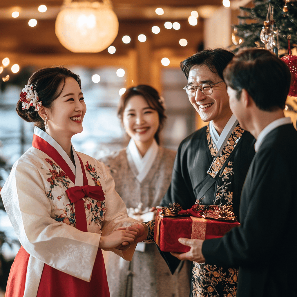 정성스럽게 포장된 선물을 건네며 행복한 미소를 나누는 전통 한복 차림의 사람들, 화려한 조명이 빛나는 전통적인 실내 분위기