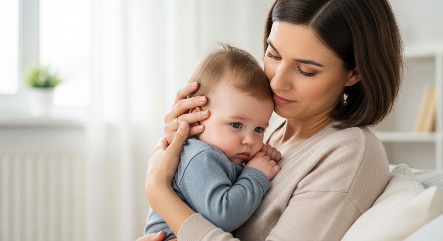 사랑스러운 아기가 부모의 품에 안겨 감기 증상에도 불구하고 편안해 하는 모습.
