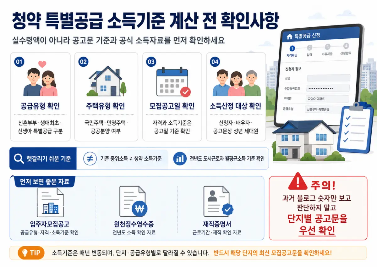2026 청약 특별공급 소득기준 계산 전 공급유형 주택유형 모집공고일 소득산정 대상 확인사항