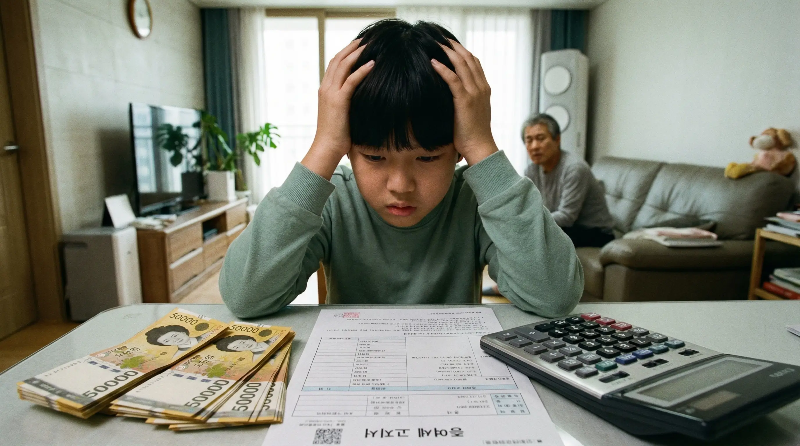 세무 계산기와 돈다발을 앞에 두고 증여세 고지서를 보며 걱정하는 자녀의 모습