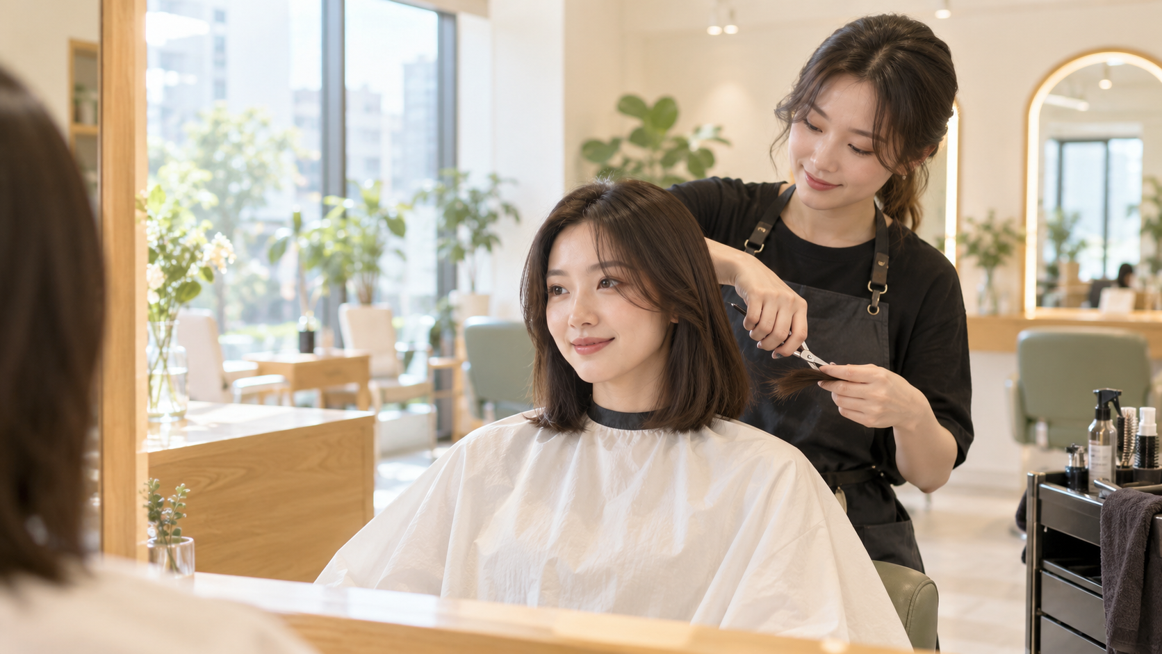 밝은 미용실에서 머리카락을 자르는 여성의 꿈