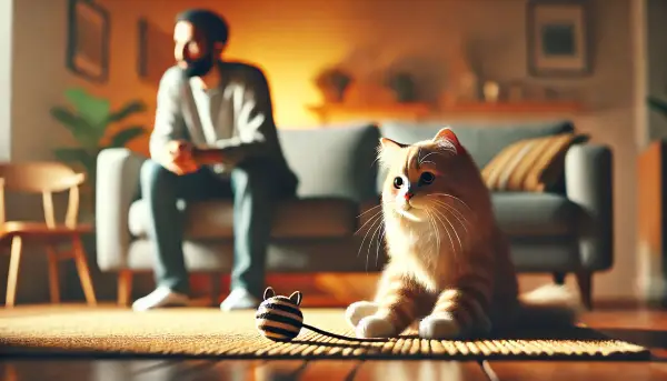 장난감을 바라보는 무기력한 고양이와 걱정하는 집사.