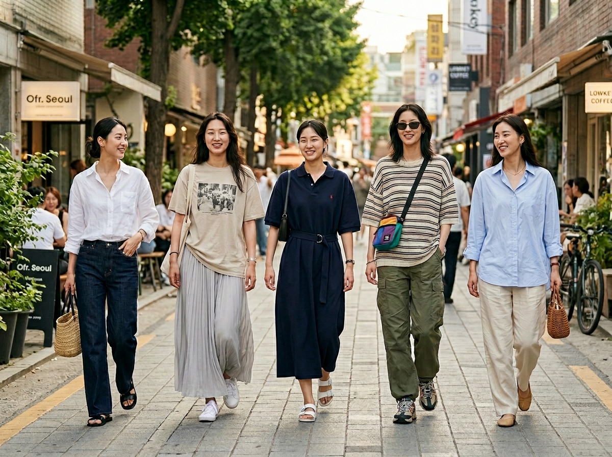 Korean summer street style, various oversized outfit combinations, vivid colors including cobalt blue and red graphic tee, wide pants and cropped tops, bright summer atmosphere