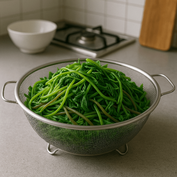 데쳐 채반위에 올려놓은 고구마 줄기