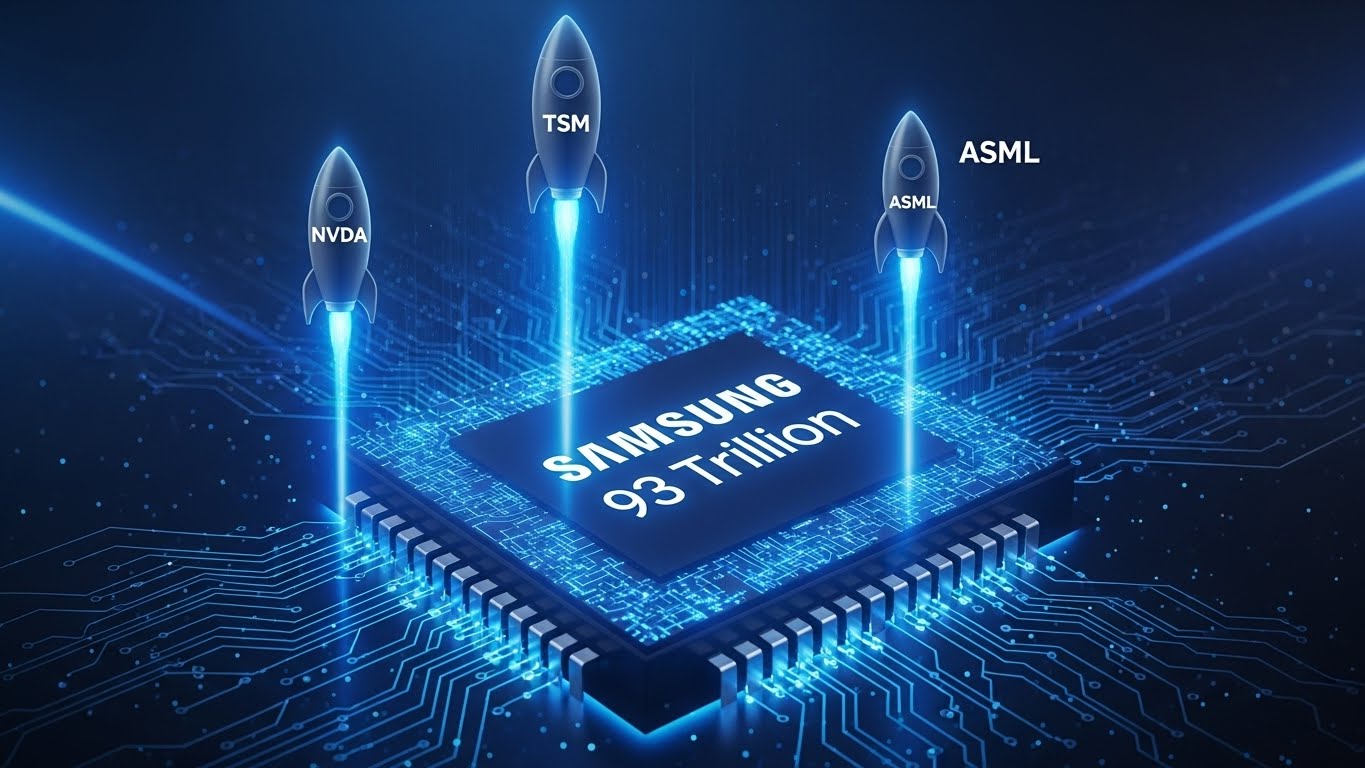 A powerful image of a glowing microchip with 'Samsung 93 Trillion' text, and three rocket icons labeled with stock tickers, Classic Blue theme.