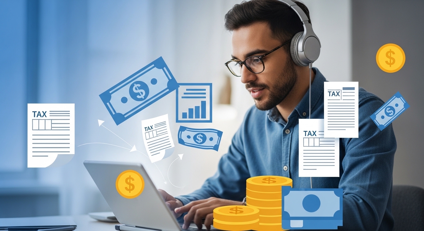 스마트폰으로 재정 관리를 하는 사회초년생의 모습. 세금 서류와 돈을 상징하는 아이콘들이 주변에 배치되어 있으며, 현명한 재정 관리를 통해 세금을 절약하는 긍정적인 이미지를 표현합니다.