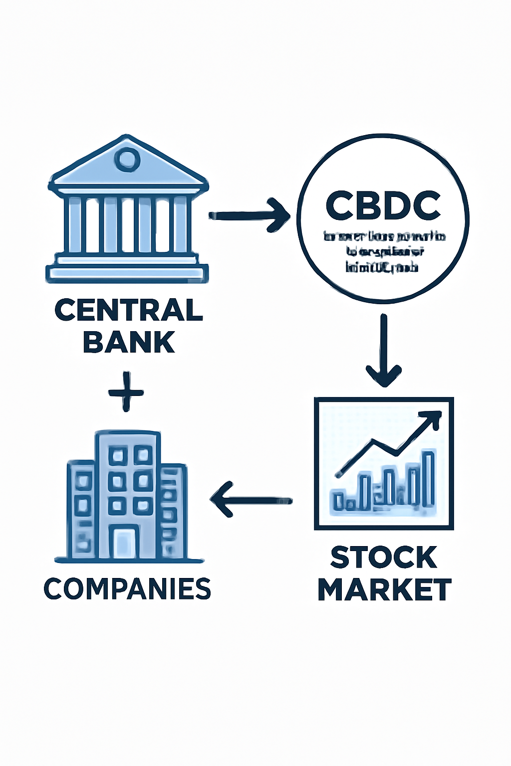 A diagram illustrating the relationship between CBDC and the stock market, showing how central banks issue digital currencies and how related companies impact the market.