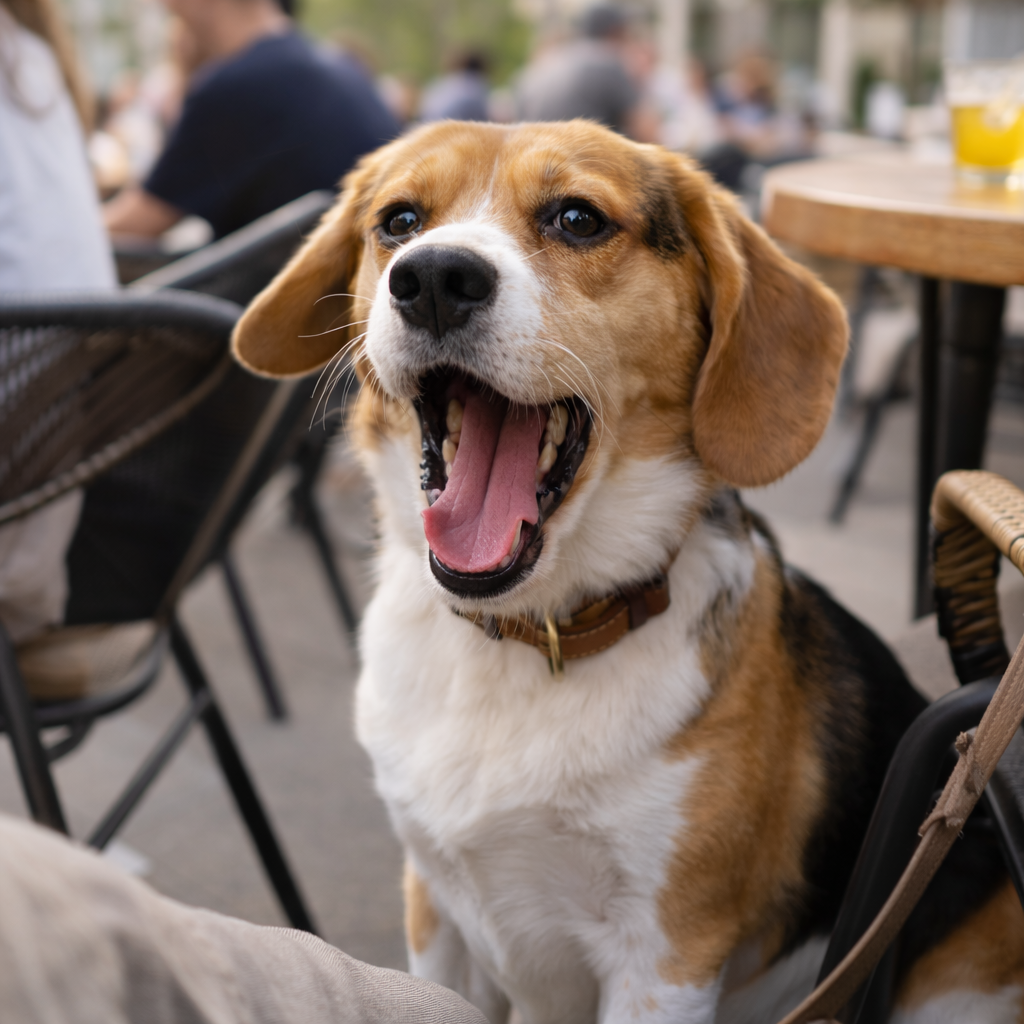 카페테라스에 앉아 하품하는 웰시코기