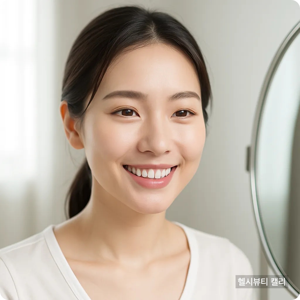 환한 미소를 짓는 여성이 거울을 바라보는 클로즈업 샷, 자연광 배경