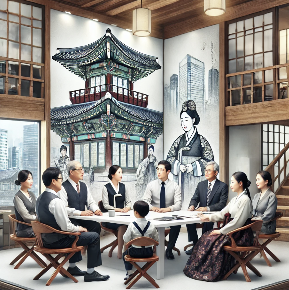 부모와 자녀가 함께 기업 경영을 논의하는 모습