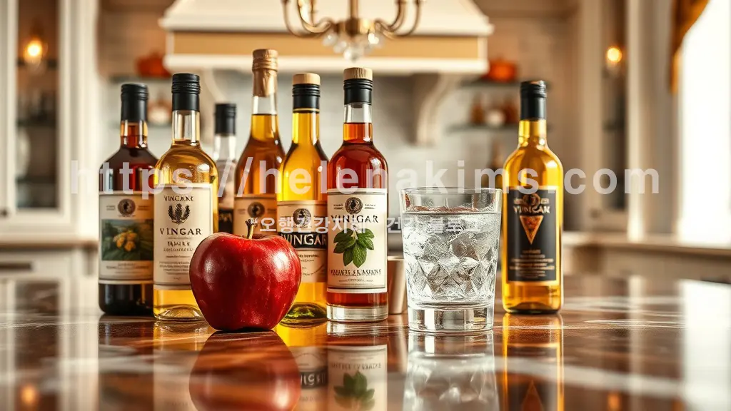 나무 탁자 위에 병에 들은 여러 종류의 식초들과 사과 그리고 물 한 잔이 놓인 모습.
