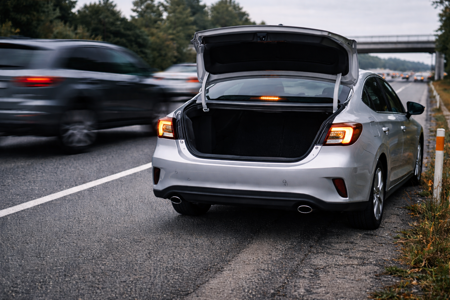 고속도로 사고 후 갓길에 정차하고 비상등을 켠 차량 모습