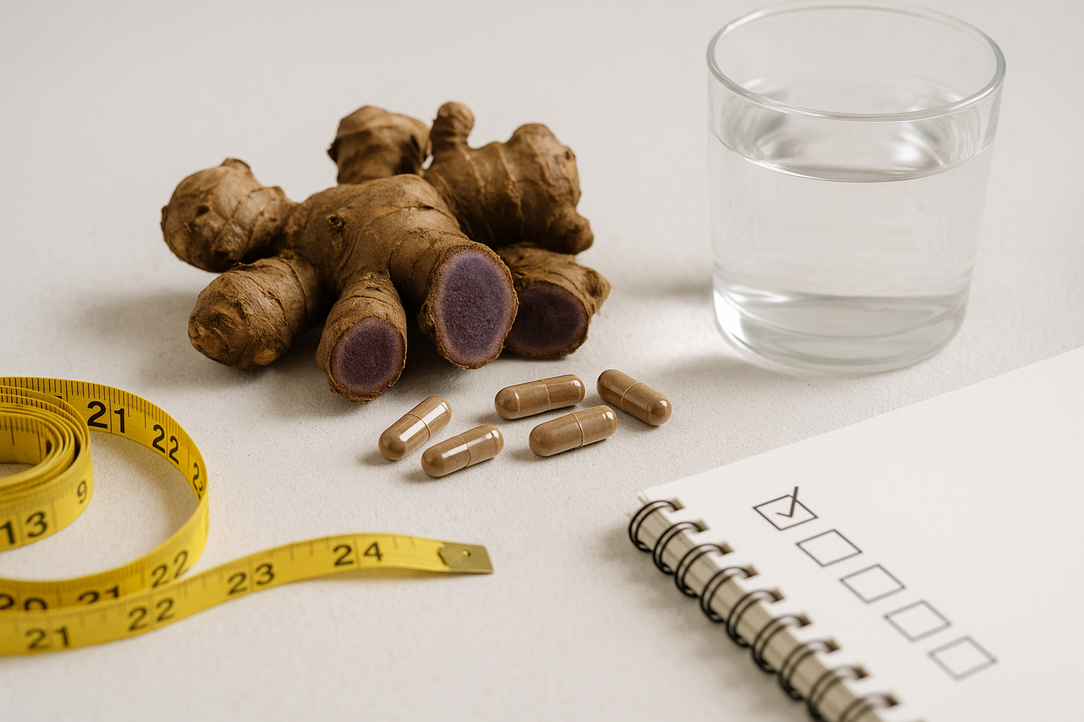 흑생강(파비플로라) 뿌리와 캡슐, 줄자, 물컵, 체크리스트를 배치한 실사 썸네일 — 체지방·내장지방 관리 12주 루틴