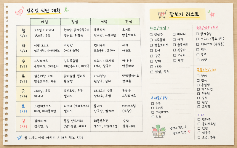일주일치 식단과 장보기 리스트를 적은 메모