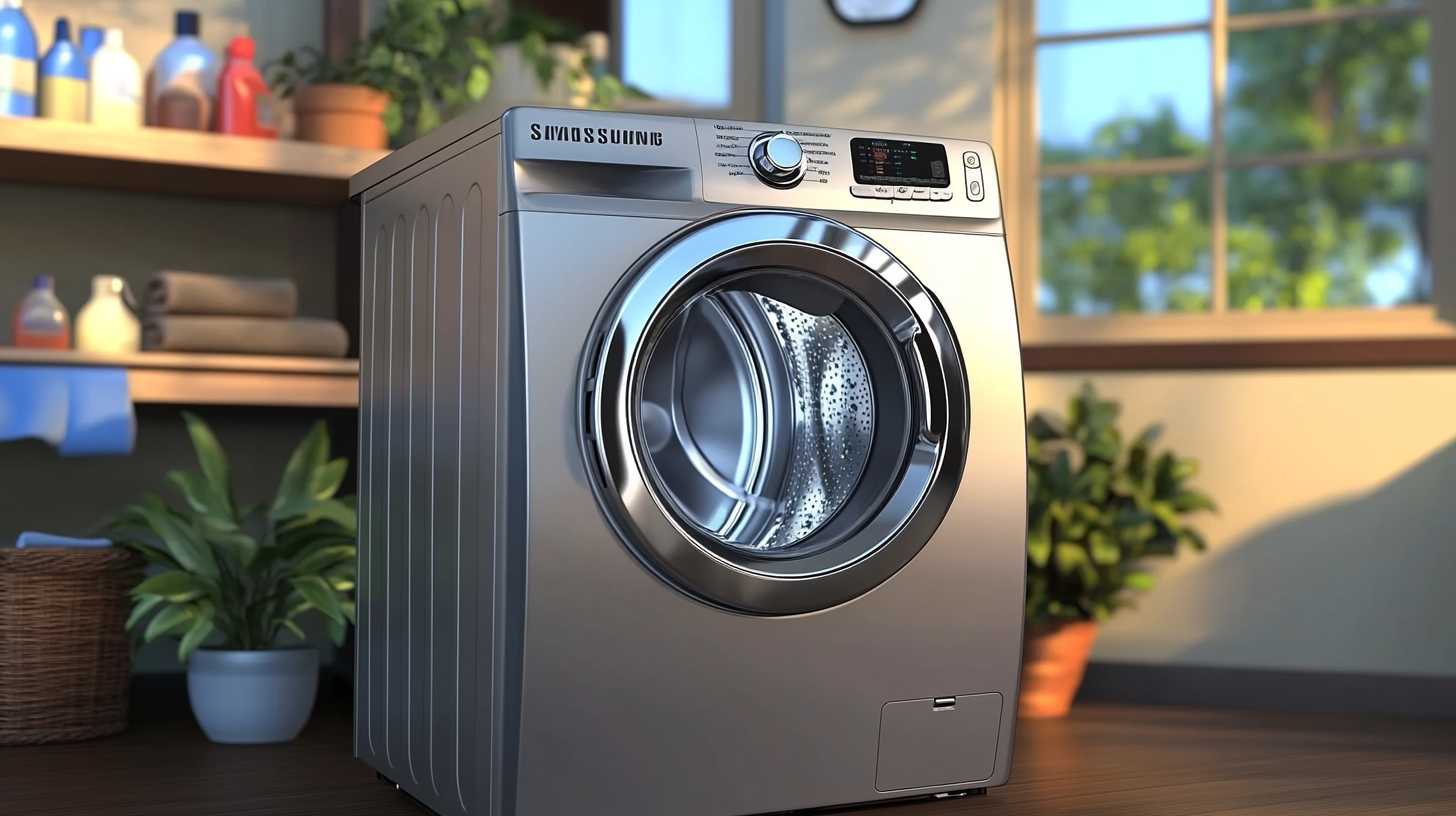 조명과 식물이 있는 현대식 세탁실에 세련된 디자인의 삼성 WF25CB8895BV 세탁기가 놓여 있는 풍경