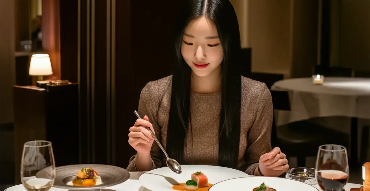 파인다이닝 식당에서 식사하는 여성
