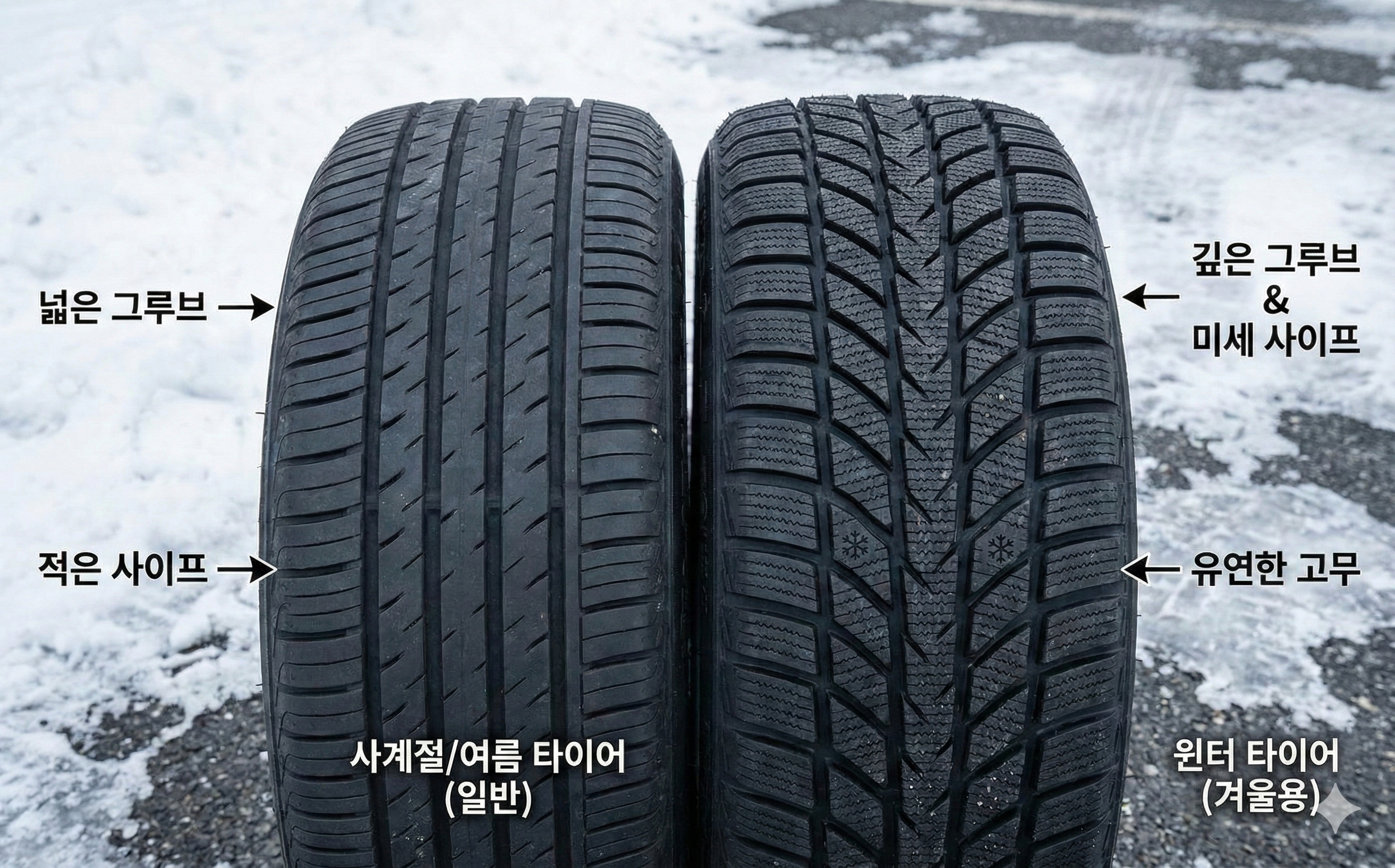 일반 타이어와 윈터 타이어의 접지면(트레드) 비교 사진