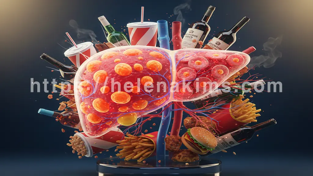 어둡고 경고적인 분위기의 배경. 설탕 가득한 음료, 기름진 튀긴 음식, 과도한 알코올 병들이 간 모형을 위협적으로 둘러싸고 있는 그래픽 이미지.