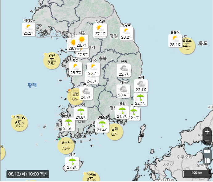 8월 12일 10시 현재 기온
