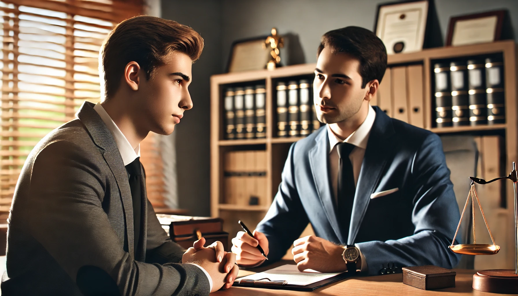 법률 상담을 받는 의뢰인과 변호사의 모습 (신뢰감 있는 분위기, 진지한 표정)