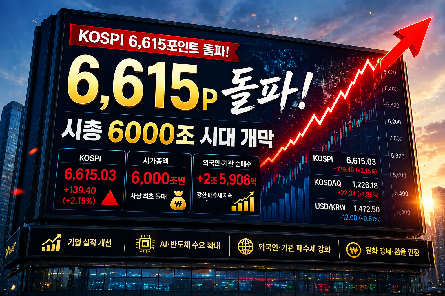 코스피 6615포인트 돌파와 '시총 6000조 시대'를 알리는 대형 전광판 배경 이미지