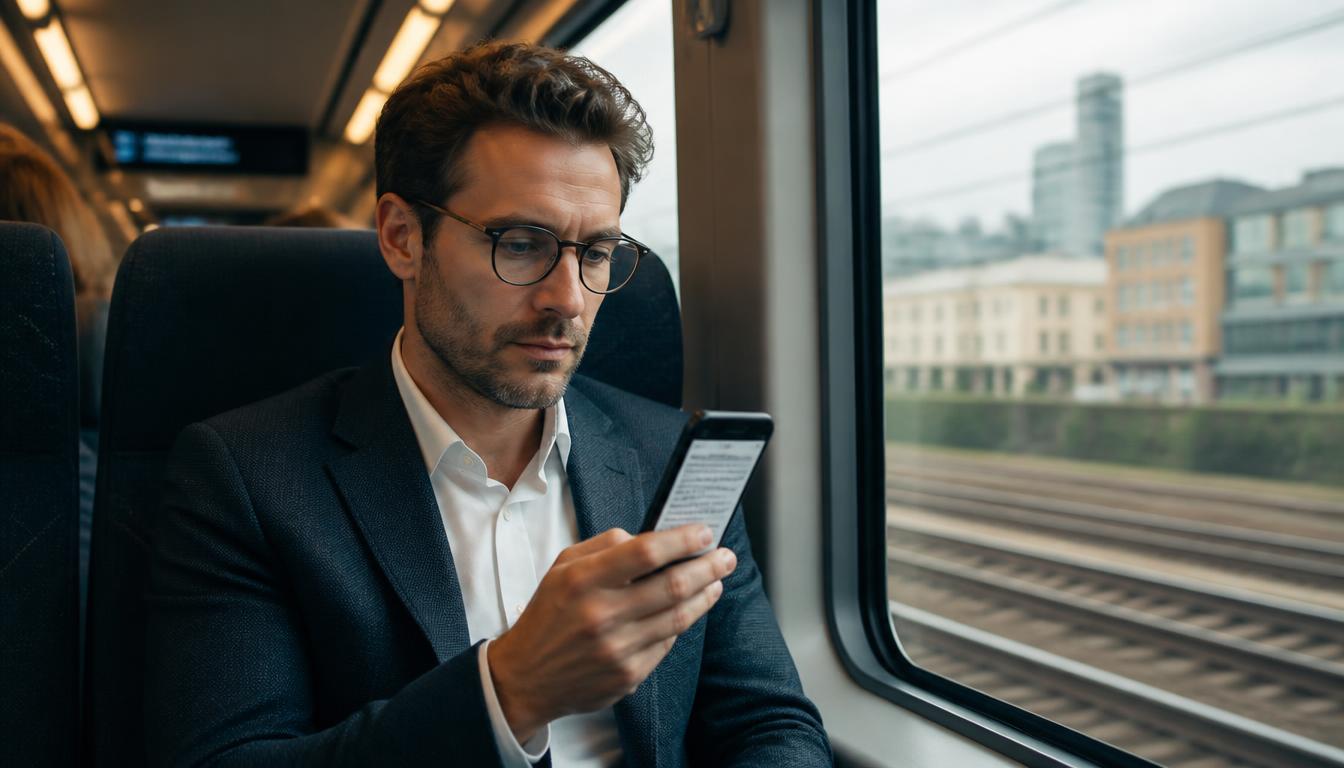 A commuter reading long articles on a smartphone, illustrating mobile information overload.