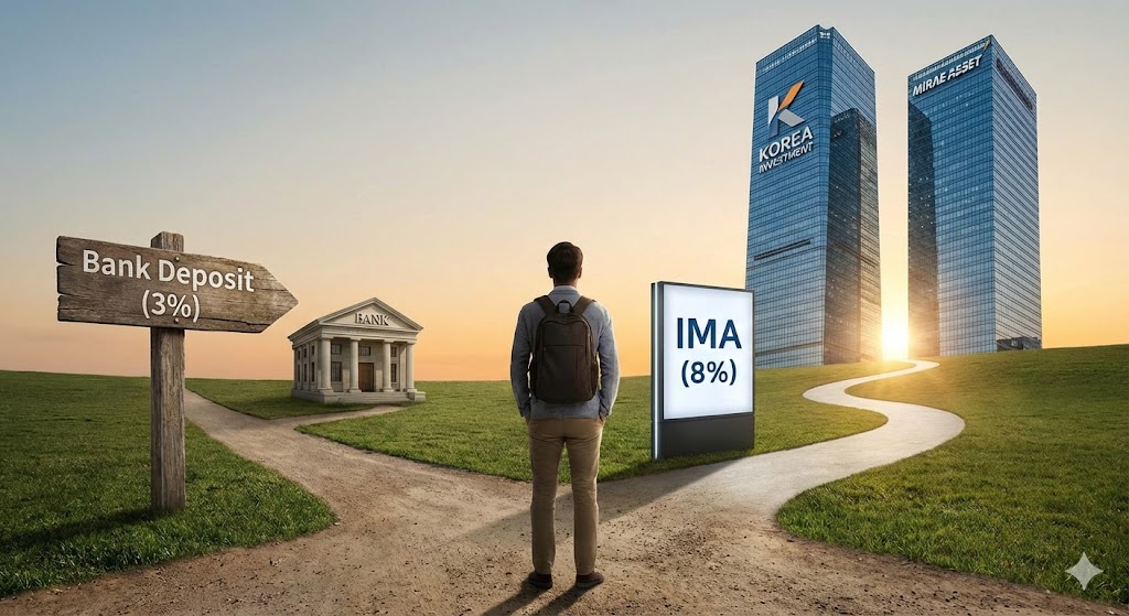 '은행 예금(3%)'과 'IMA(8%)' 갈림길에서 고민하는 투자자, 그리고 그 뒤에 든든하게 서 있는 한국투자&미래에셋 빌딩