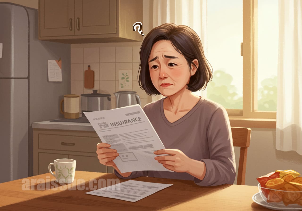 중년 한국 여성이 가정에서 보험 약관과 청구 서류를 바라보며 머리를 짚고 있습니다. 실손 보장 여부를 이해하지 못해 혼란스러운 상황을 표현합니다.