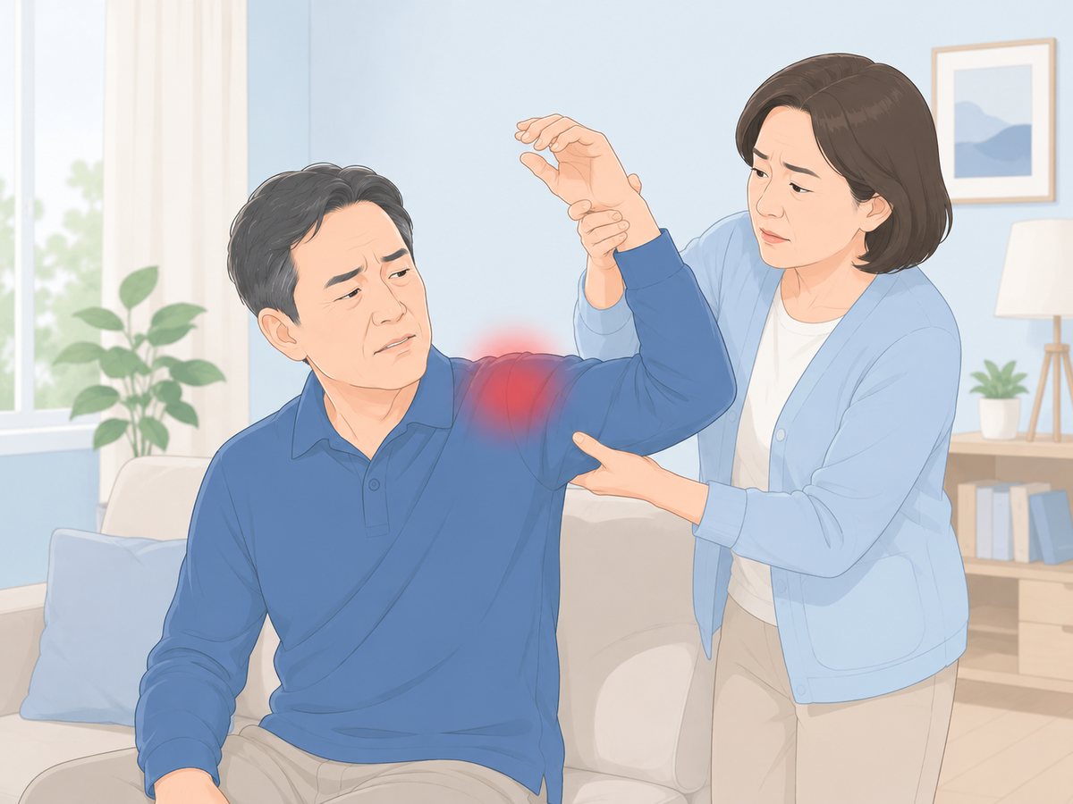 소파에 앉은 남성의 팔을 옆에 선 여성이 위로 들어 올려 주자 어깨 통증으로 찡그리는 장면, 팔이 올라가는 범위를 살피는 모습