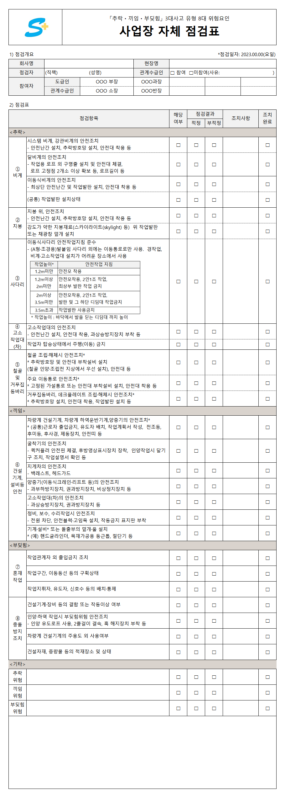 3대 사고유형 8대 위험요인 사업장 자체 점검표