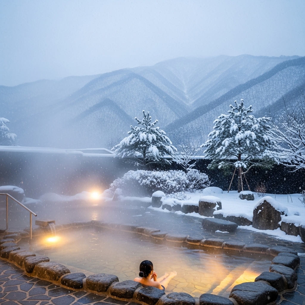 충주 수안보온천의 겨울 풍경. 눈 덮인 산을 배경으로 따뜻한 김이 피어오르는 노천탕에서 평화롭게 휴식하는 모습.