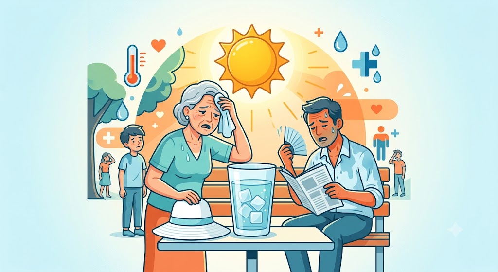 폭염으로 더워하는 사람들과 필요한 예방수칙을 담은 일러스트