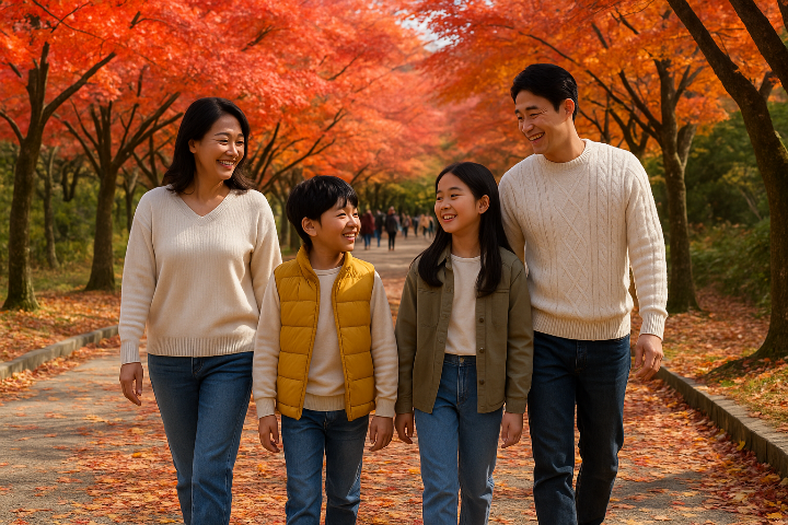 전라도 내장산 입구에서 단풍길을 걷는 가족