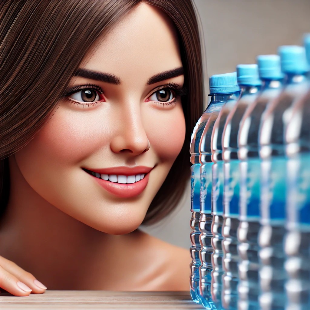 A woman smiling while looking at water bottles in front of her