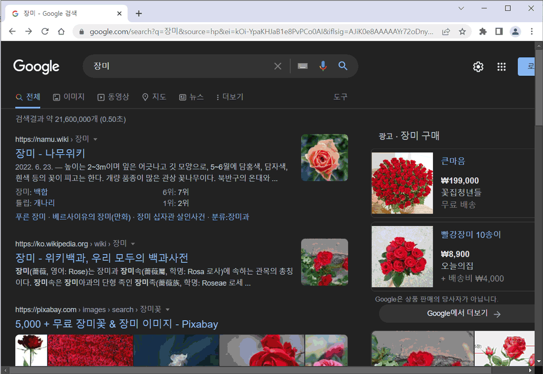 구글 어두운테마일때 검색 화면